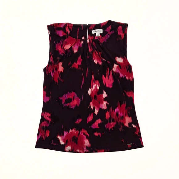 Calvin Klein Womens Top Fuchsia Pink Floral Pleated Sleeveless Blouse - Picture 1 of 4